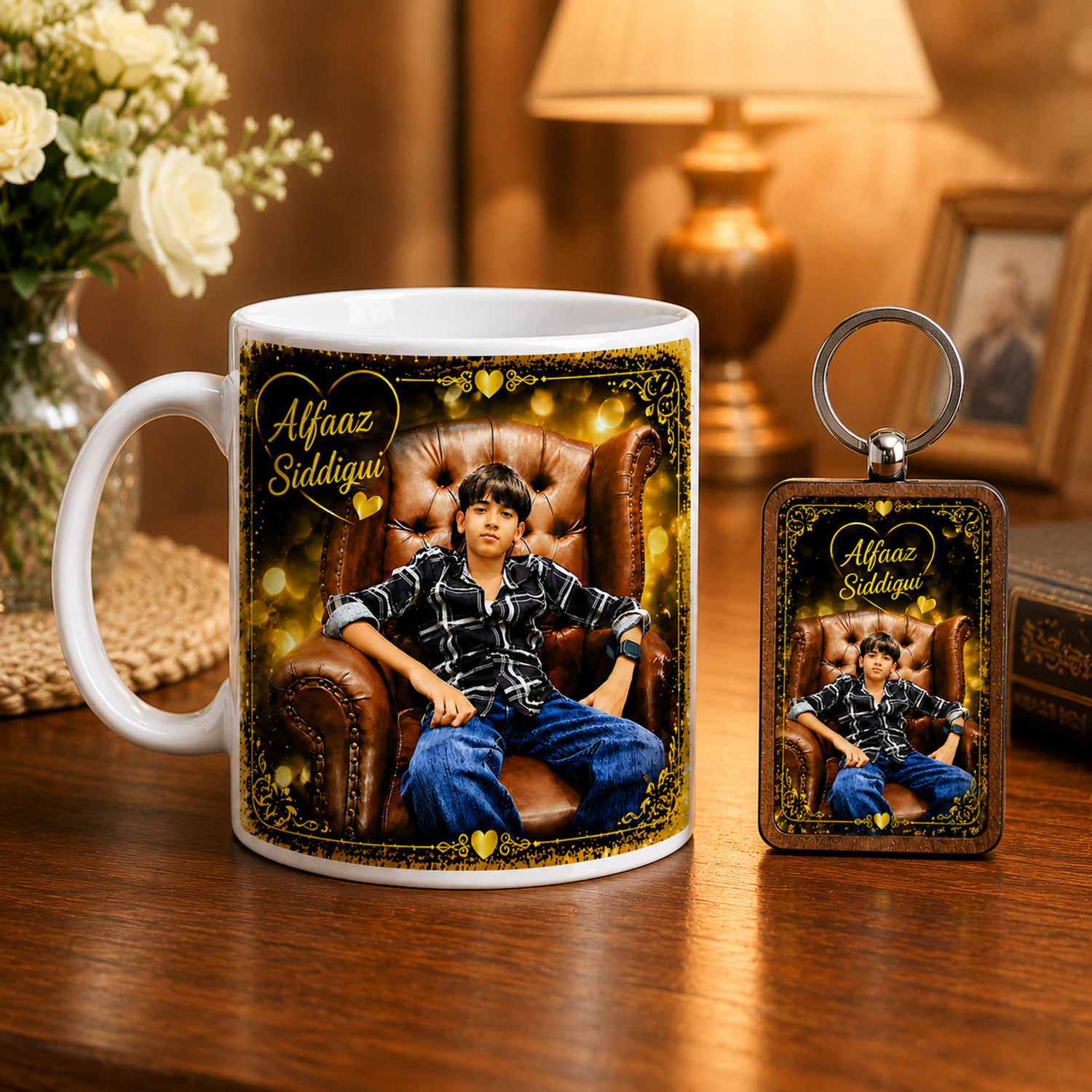 Personalized Photo Mug and Keychain Gift Set, Custom Image Printing, Black Interior Mug and Metal Keychain