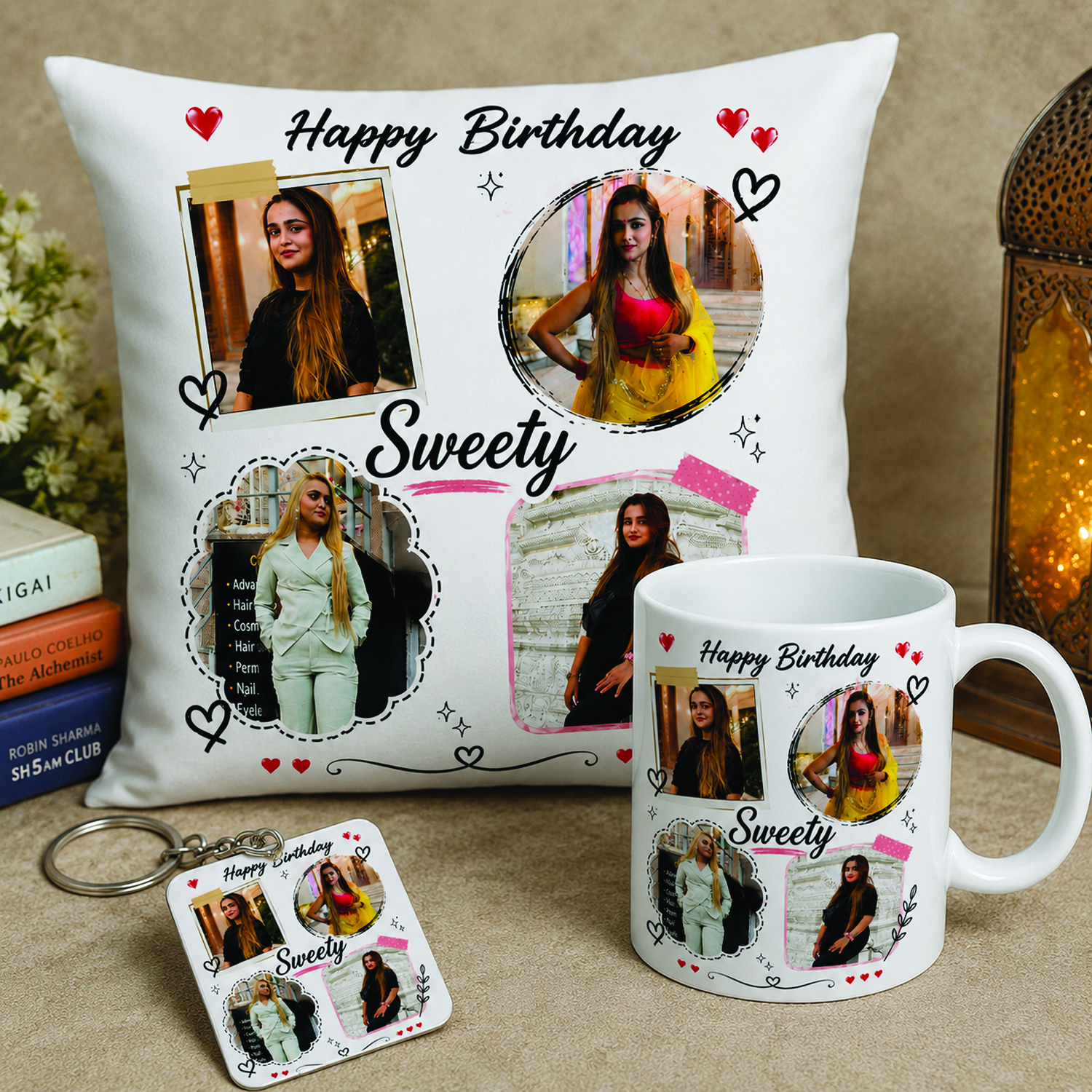 Surprise your loved ones with this Personalized Gift Combo including a Custom Mug, Soft Cushion with Filler, and Stylish Keychain.