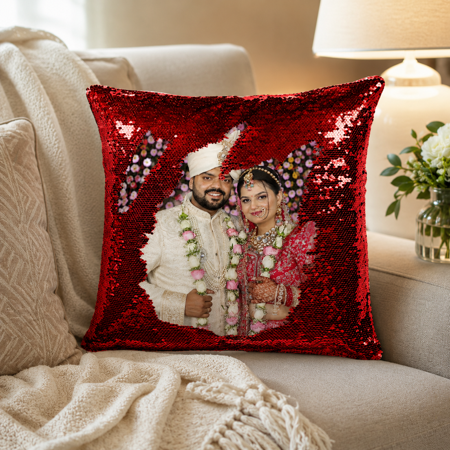 Personalized  Photo Magical Magic/Red Magic Photo Cushion/Pillow |Gifting Cushions for All Occasions| Size (16x16 Inches)(Red)