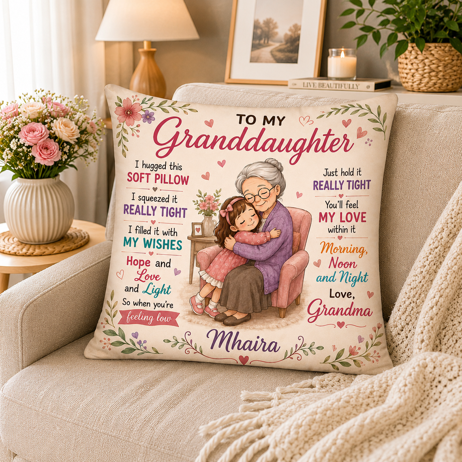 Personalized Photo Cushion for Granddaughter  A Warm Hug Filled with Love & Memories