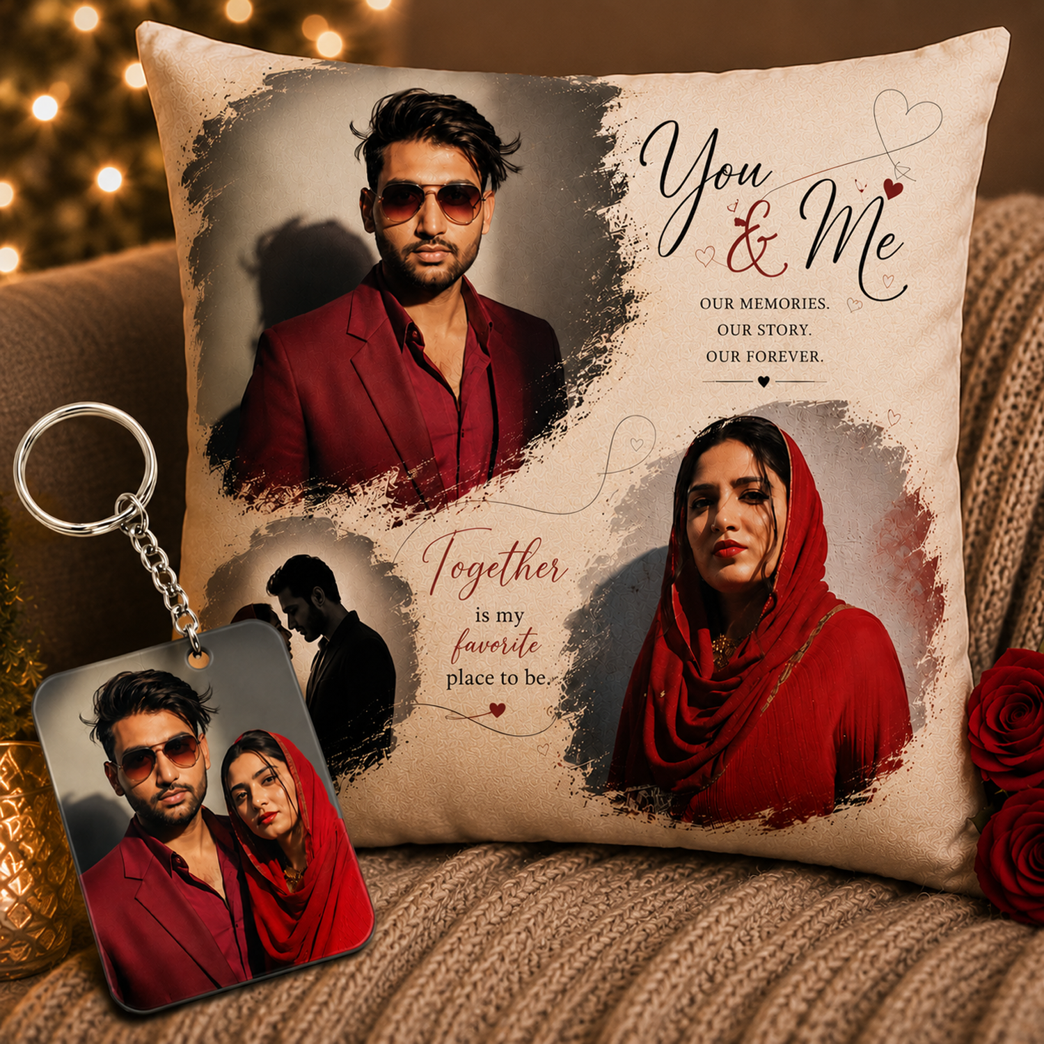 Personalized Photo Pillow Personalized Gifts for Birthday, Anniversary, Couple, Bro, Sis Love 16x16 inch with Custom Wooden Keychain Couple, Parents