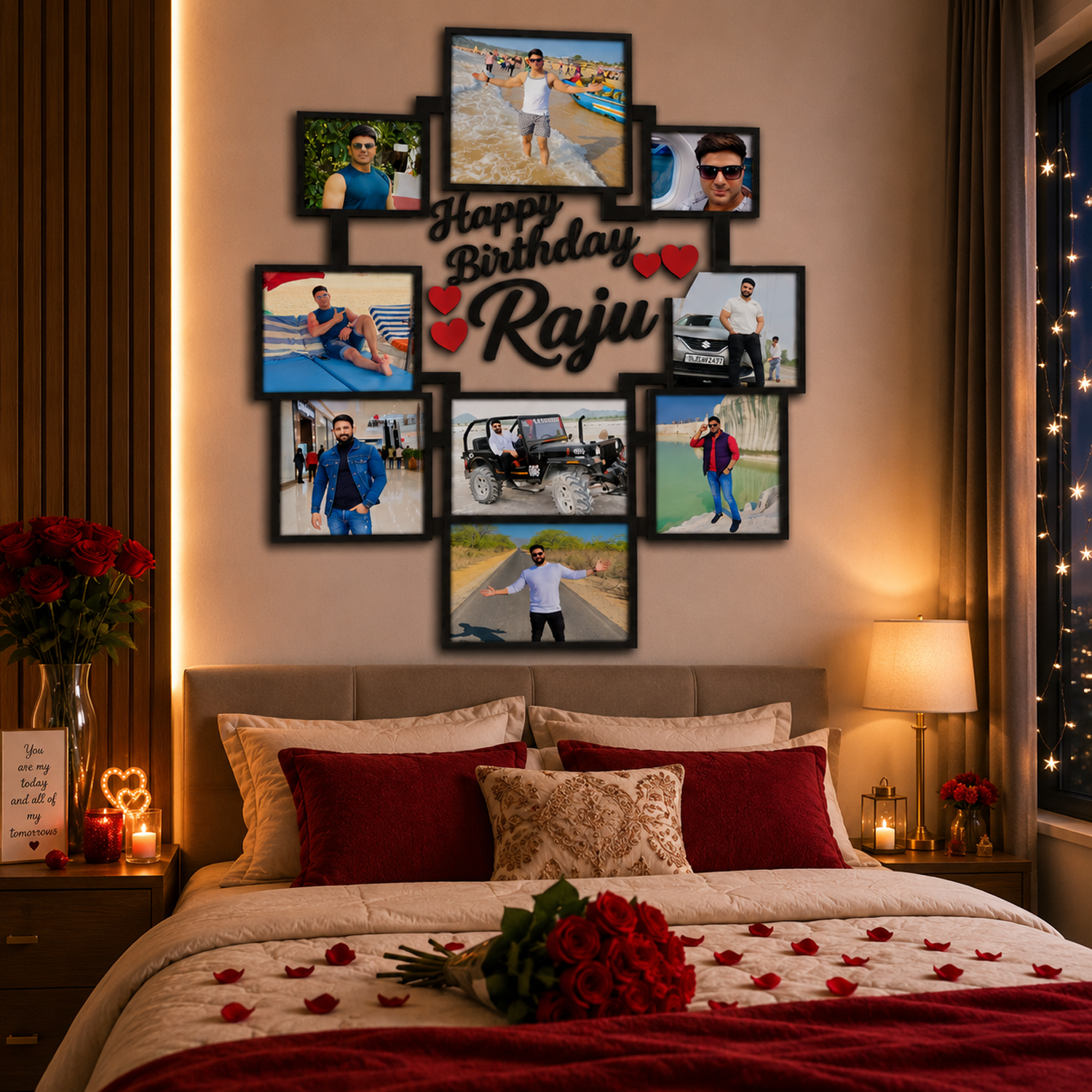 Happy Birthday 9 Photos Customized Frame With Name – Personalized Gift for Husband, Best Friend & Loved Ones | Custom Picture Collage Photo Frame (Wooden | Size 16x24 Inch)